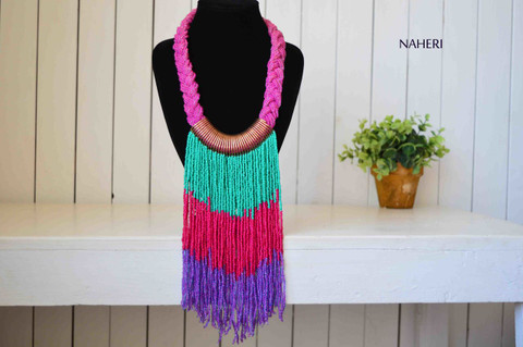 African handmade beaded necklace fringe purple pink turquoise