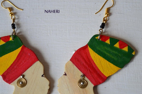 Head wrap wooden earrings red, yellow and green