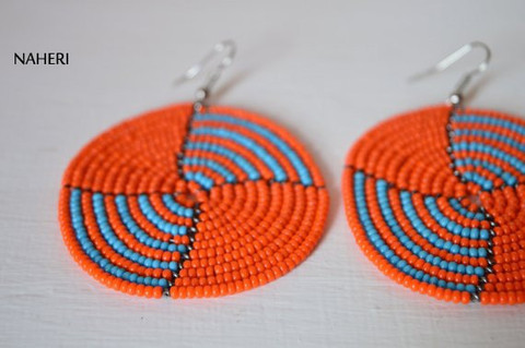 African beaded earrings orange tribal African fashion jewelry naheri