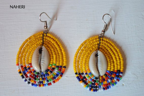 African earrings beaded maasai yellow with cowrie shell