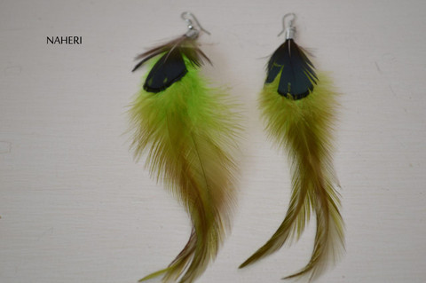 African inspired feather earrings light green