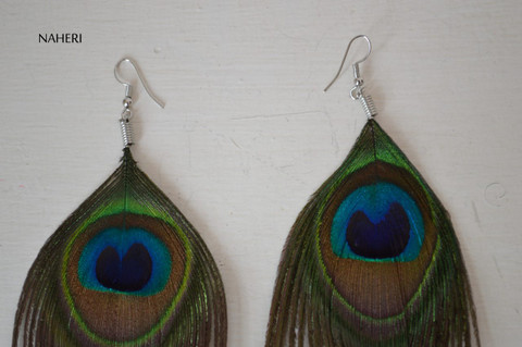 African inspired peacock feather earrings 