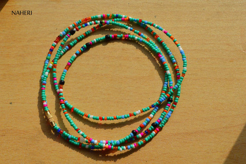 African beaded waist beads turquoise green with mix
