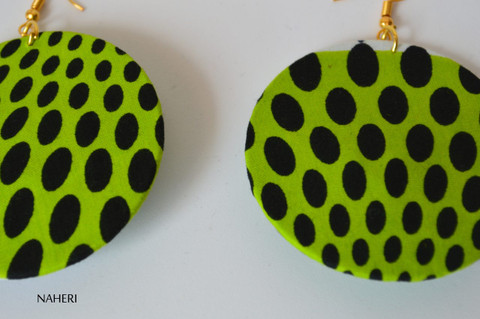 African print fabric round earrings lime green dotted