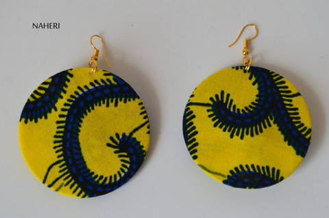 African print fabric round earrings yellow 