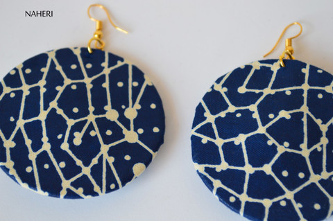 African print fabric round earrings navy blue 