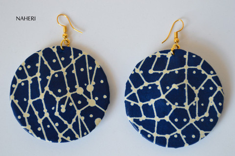 African print fabric round earrings navy blue 