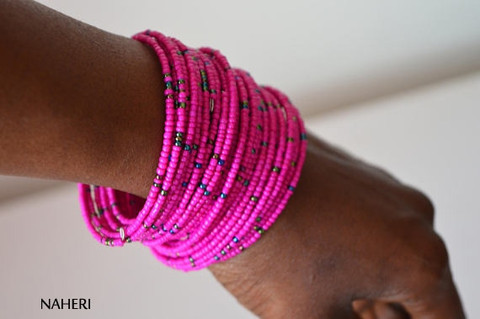 Beaded African spiral coil around bracelets pink