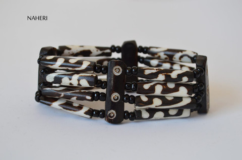 African brown and white bone bracelet with elastic