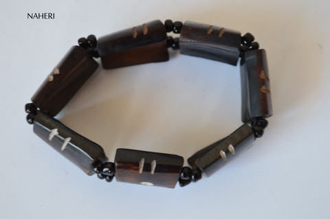 African beaded engraved bone bracelet with elastic