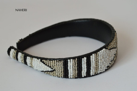 African inspired beaded hairband white silver