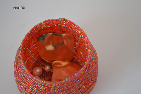 Beaded handmade storage jar pink