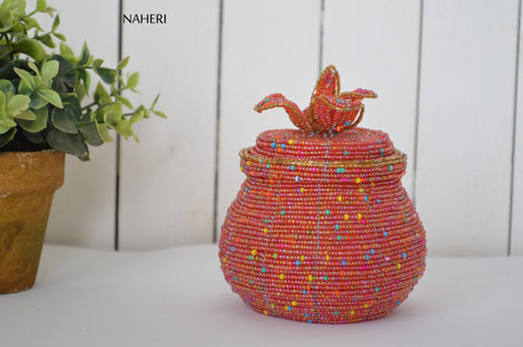 Beaded handmade storage jar pink