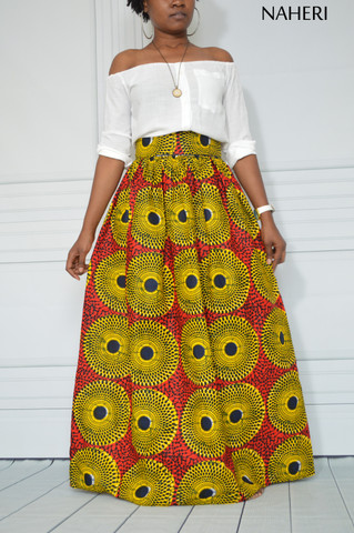 African print maxi skirt record print red ankara fashion