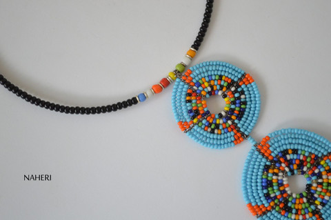 African tribal beaded necklace sky blue