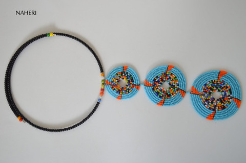 African tribal beaded necklace sky blue
