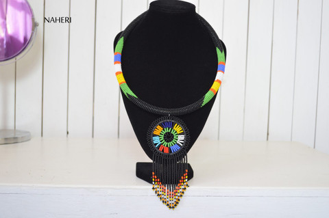 African beaded black necklace with fringe pendant