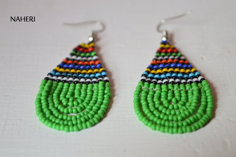 African earrings beaded green