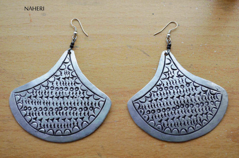 African inspired metal earrings silver large