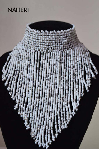African inspired white fringe necklace short
