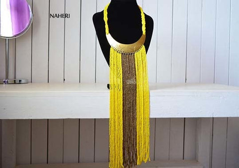 African handmade fringe necklace yellow with copper 