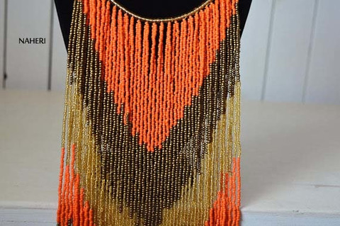 African inspired fringe necklace long orange