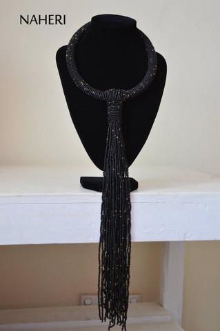 African inspired black tie necklace beaded jewelry