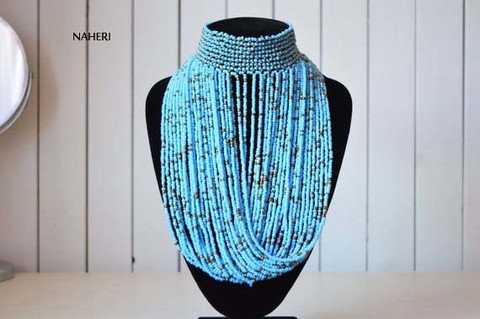 African beaded tribal choker necklace sky blue