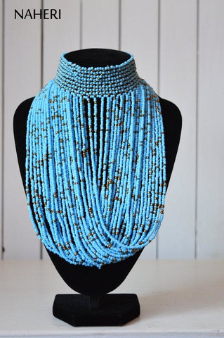 African beaded tribal choker necklace sky blue