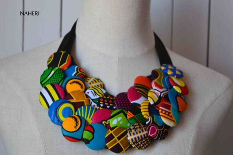 African print fabric bib necklace buttons