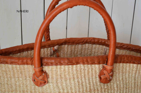 African handwoven handbag sisal and leather beige
