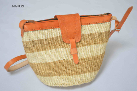 African sisal and leather handbag cross body sling bag