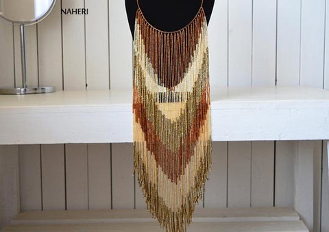 African fringe long necklace brown beaded jewelry