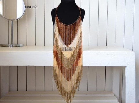 African fringe long necklace brown beaded jewelry