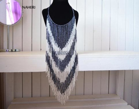 African fringe long necklace hematite and white beaded jewelry