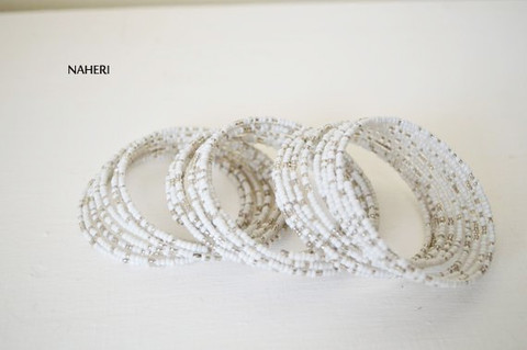 Beaded white African coil around spiral bracelets Cuff bangles