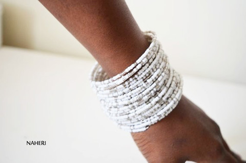 Beaded white African coil around spiral bracelets Cuff bangles