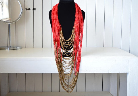 Red beaded necklace African inspired jewelry