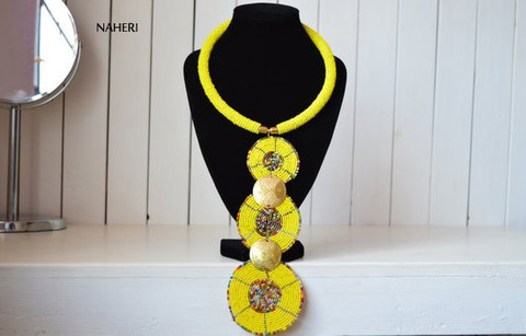 African yellow necklace three circles tiered jewelry