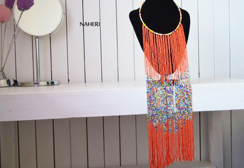 Orange African fringe necklace African beaded jewelry