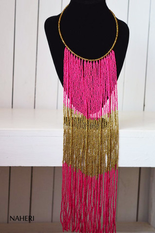 Hot pink African fringe necklace African handmade jewelry
