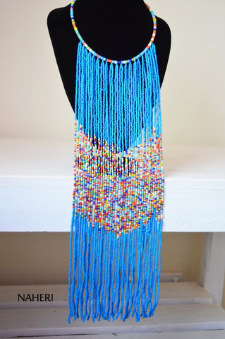 Blue African beaded fringe necklace African handmade jewelry