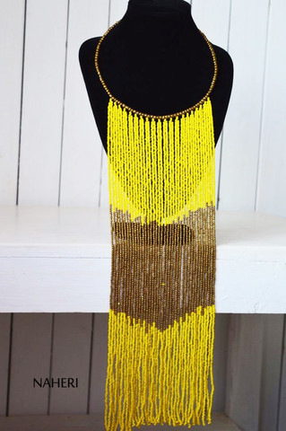 African yellow beaded fringe necklace African handmade jewelry