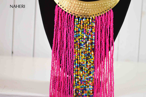 African handmade fringe necklace hot pink color with brass tribal jewelry