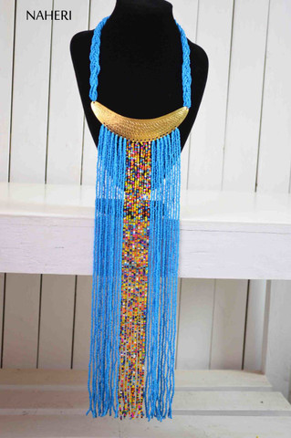 African handmade fringe necklace ocean blue color with brass tribal jewelry