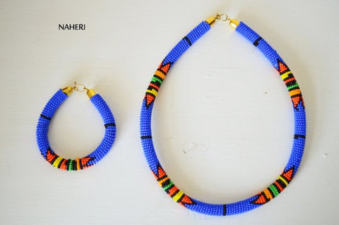 Bush blue beaded necklace African Zulu handmade jewelry