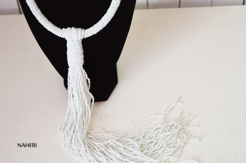 African inspired white tie necklace handmade beaded jewelry