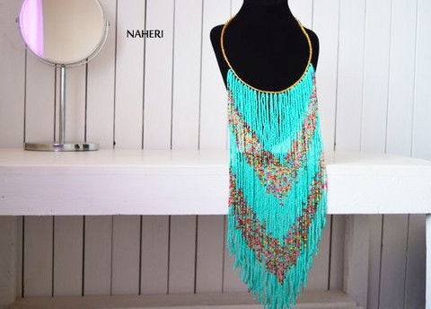 African long fringe necklace turquoise beaded jewelry
