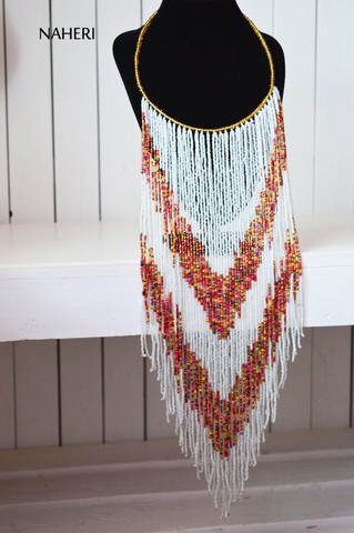 African long fringe necklace white beaded jewelry