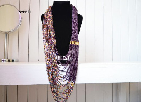 African inspired beaded necklace purple African tribal jewelry